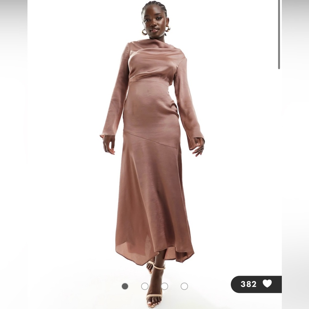 ASOS high neck satin asymmetric hem maxi dress in mauve/light brown